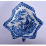 18th c. Caughley leaf shaped dish printed with the Fisherman pattern. 9cm wide