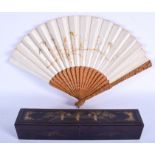 A CASED 19TH CENTURY CHINESE CARVED BOXWOOD AND SILKWORK FAN Qing. 45 cm wide extended.