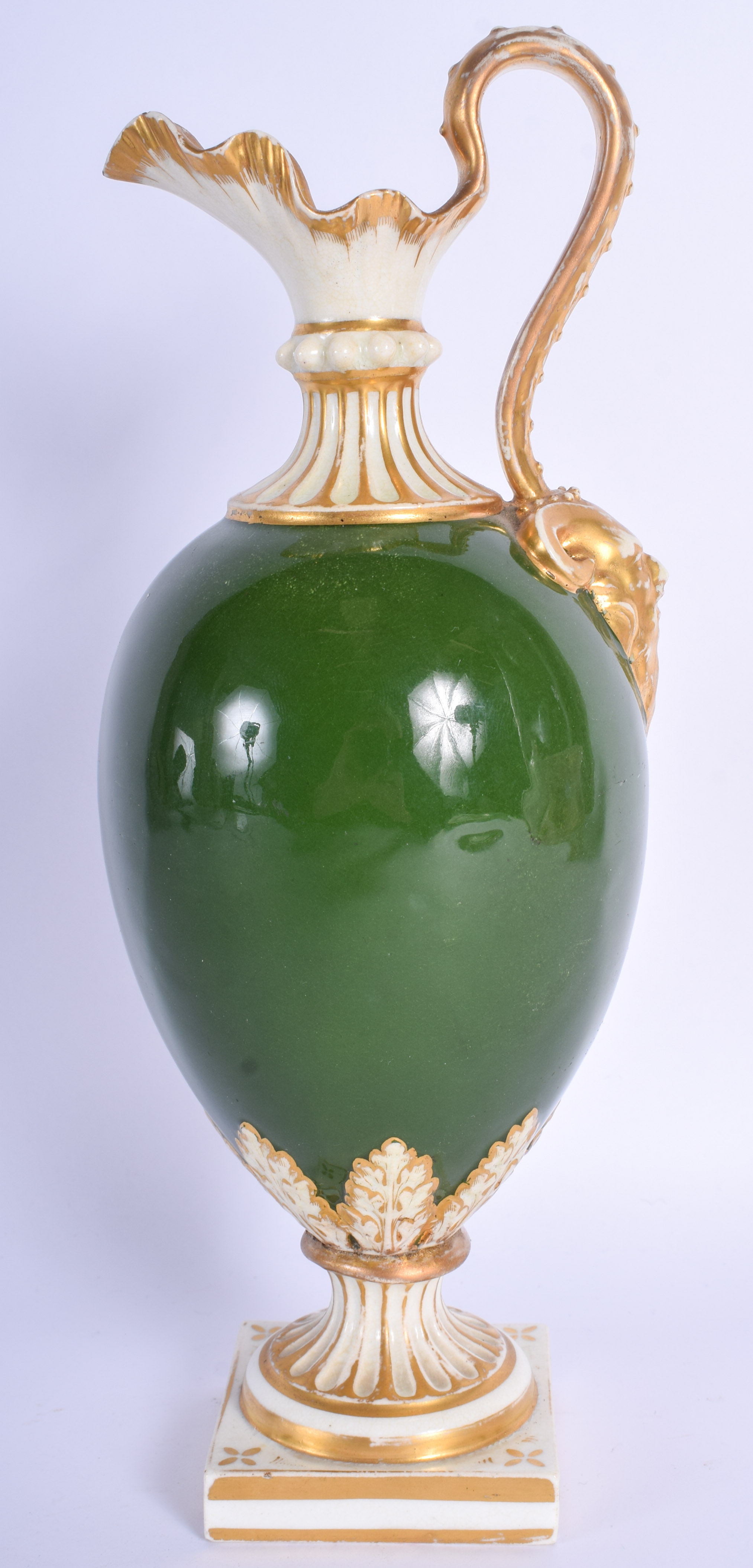 19th c. Derby ewer painted with a view of Willersley Castle Derby in a gilt oval panel on an avocado - Image 2 of 3