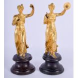 A PAIR OF 19TH CENTURY ENGLISH ORMOLU DANCERS modelled playing maraccas and cymbals. Figure 15 cm hi