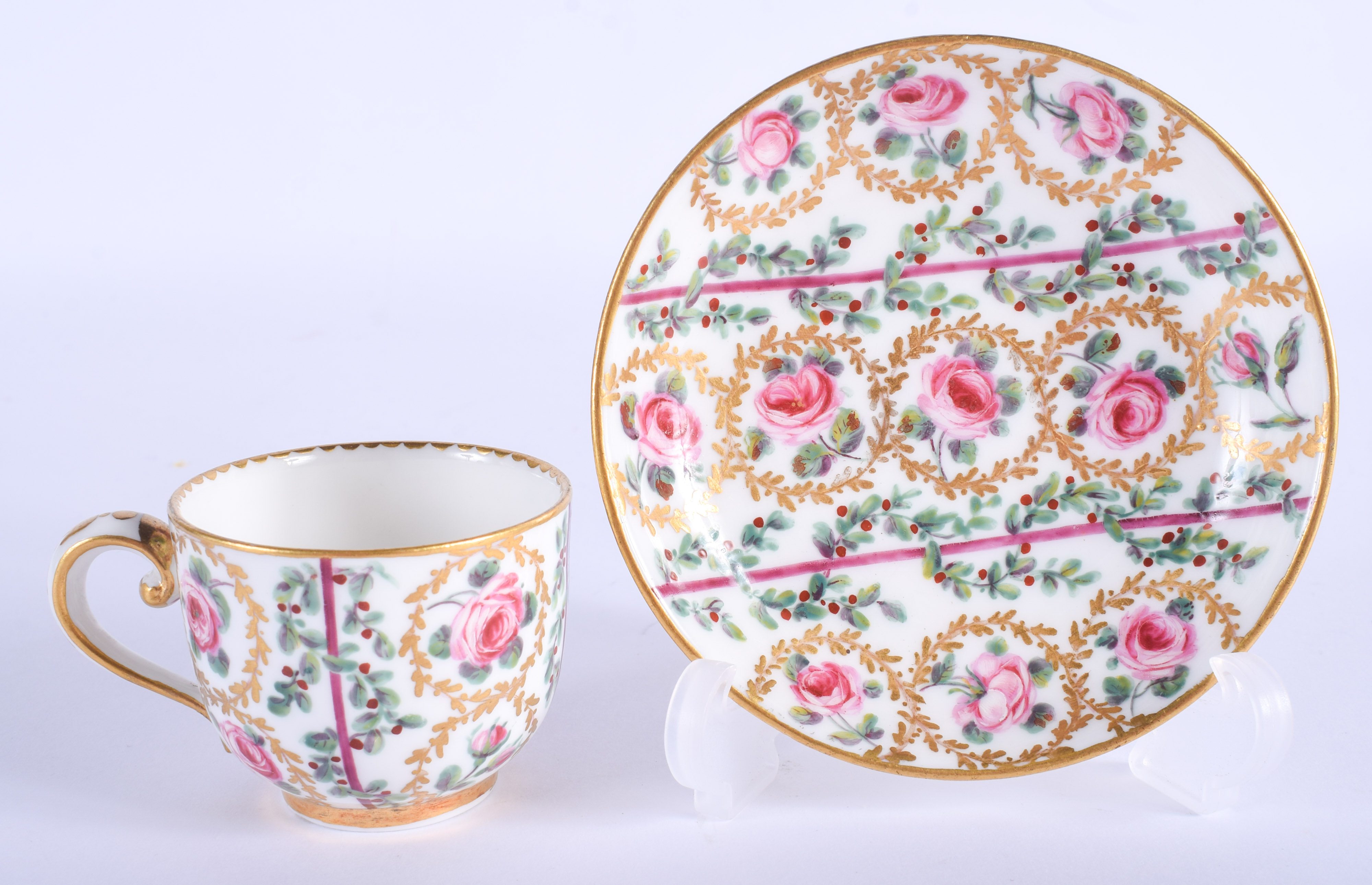 AN 18TH CENTURY SEVRES PORCELAIN CUP AND SAUCER painted with roses and gilt vines. (2)