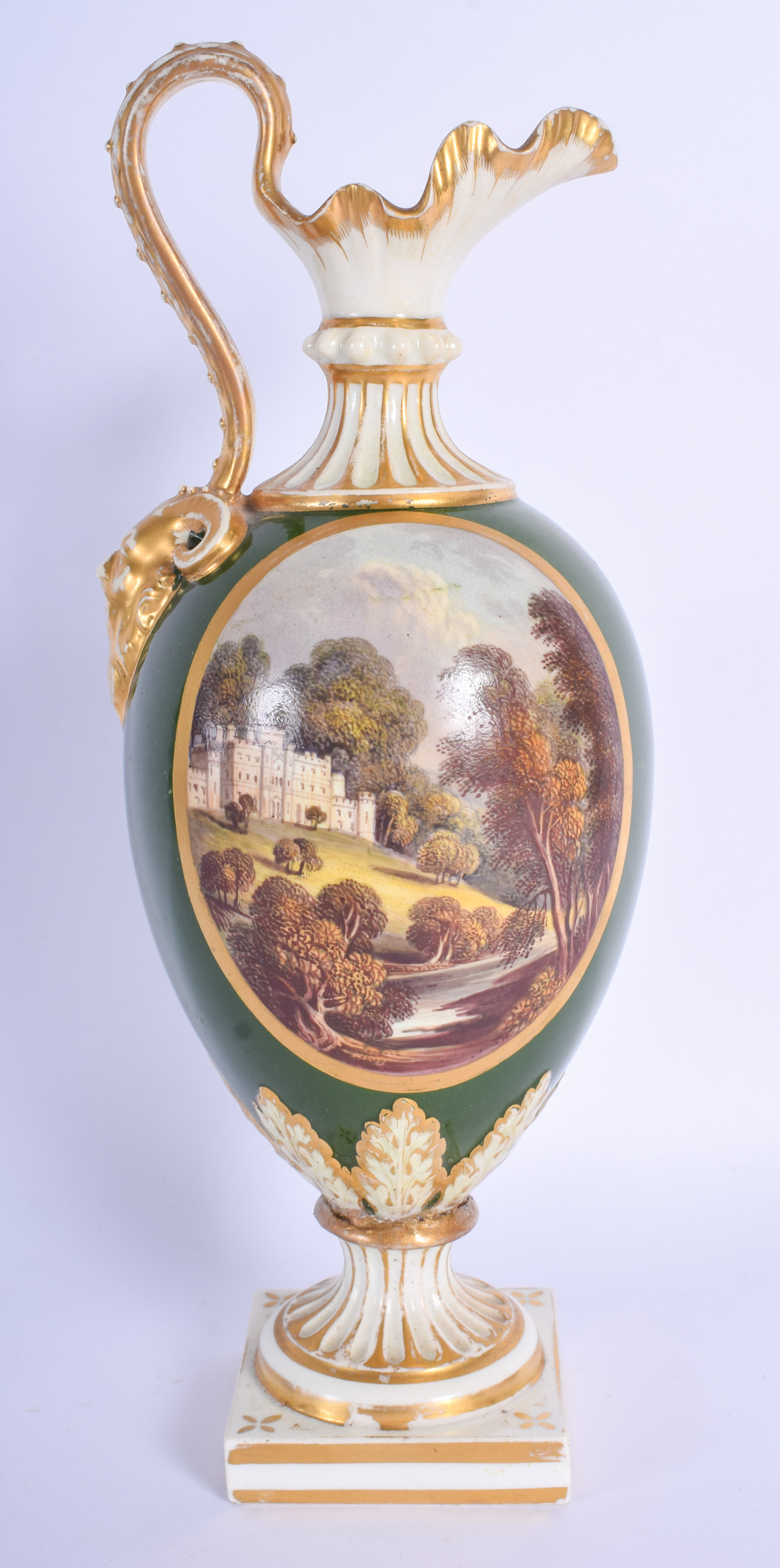 19th c. Derby ewer painted with a view of Willersley Castle Derby in a gilt oval panel on an avocado