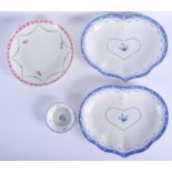18th c. Derby pair of heart shaped dishes painted in dry blue, blue mark, a swirl reeded saucer dish