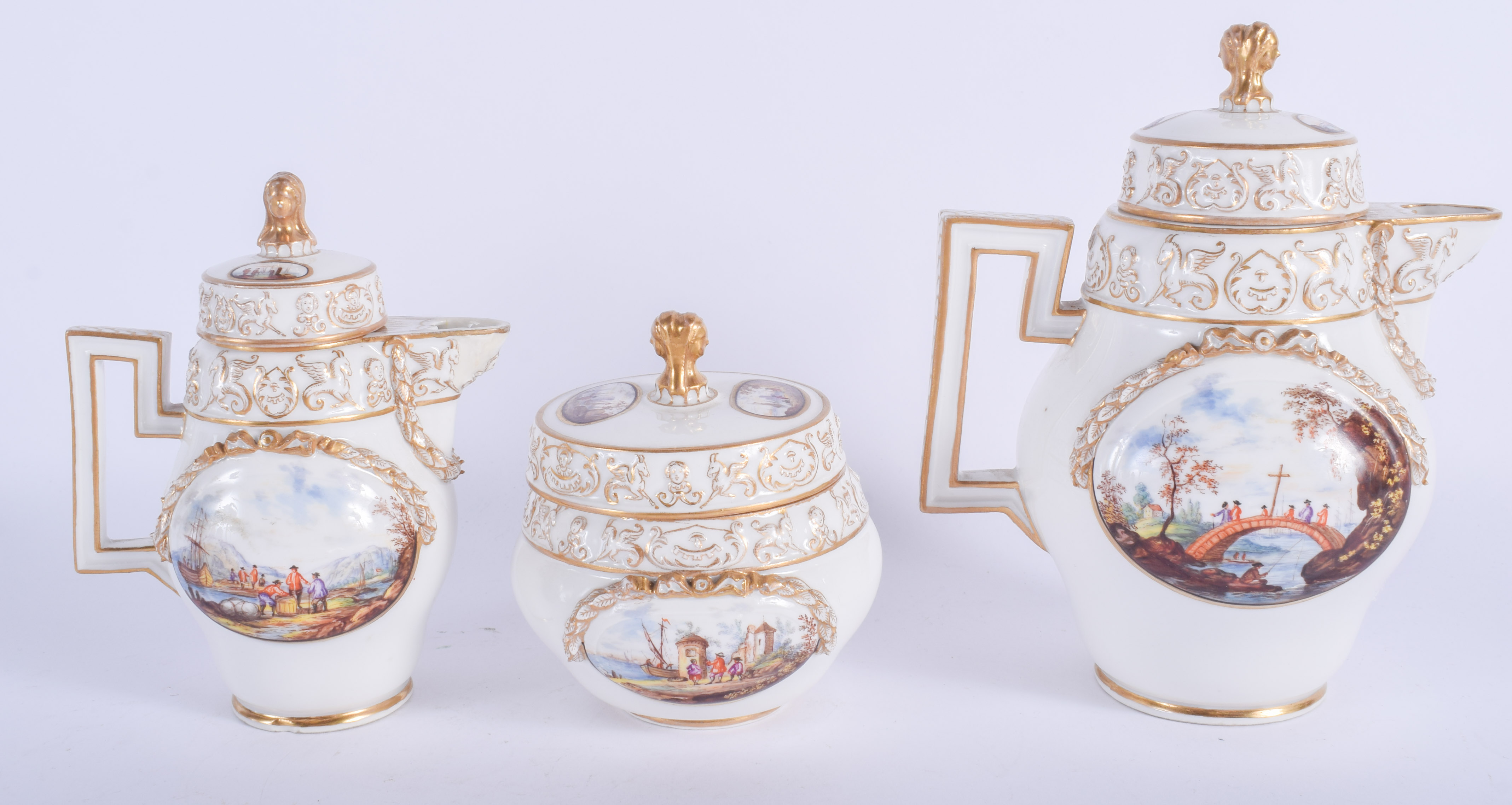 A GOOD 19TH CENTURY MEISSEN PORCELAIN CABARET SET painted with views of Dresden, moulded with motifs - Image 3 of 4