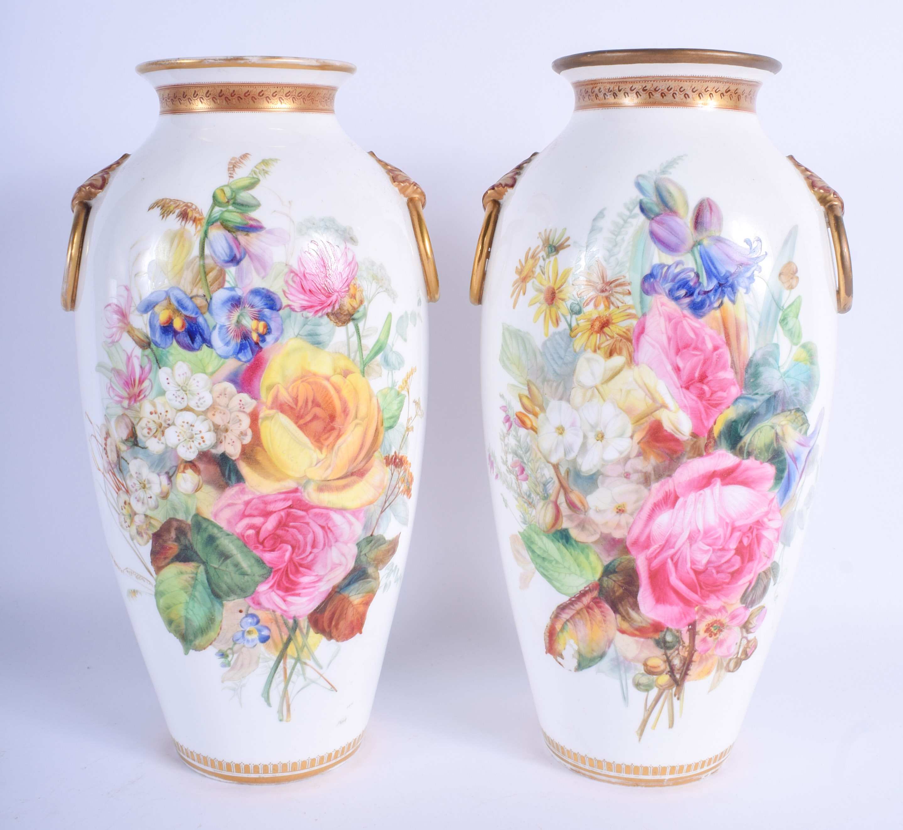 19th c. Royal Worcester/Kerr and Binns beautiful pair of large vases having ring handles finely pain