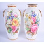 19th c. Royal Worcester/Kerr and Binns beautiful pair of large vases having ring handles finely pain