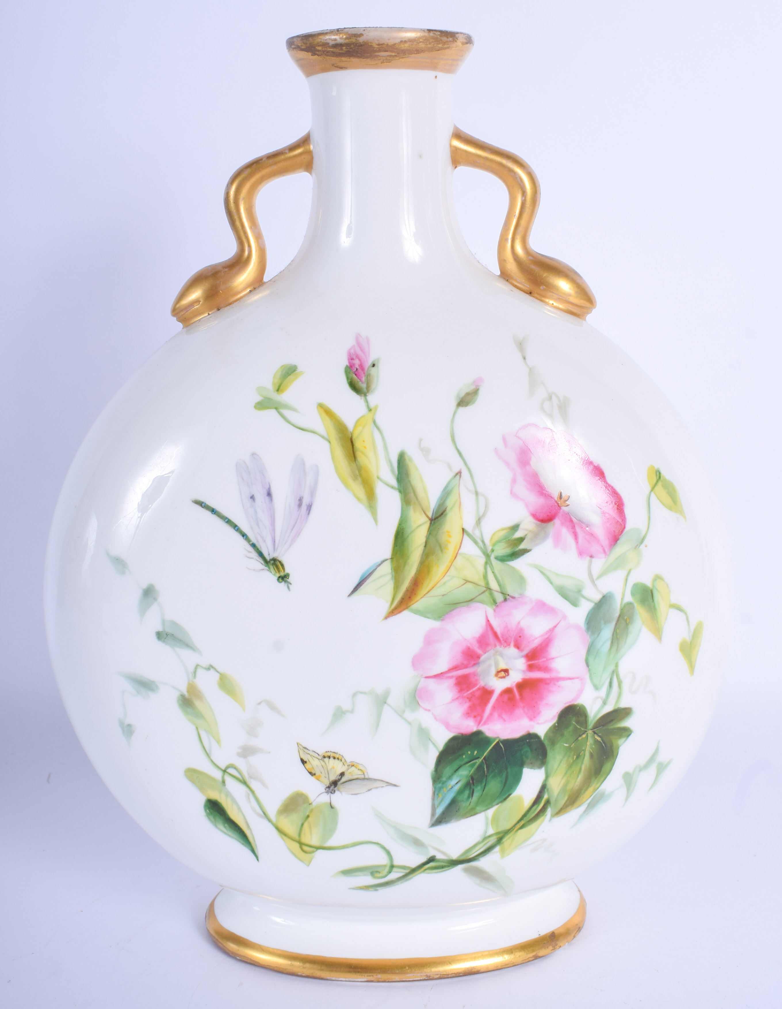19th c. Minton moon flask painted with morning glory and flying insects the reverse with cattails an