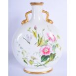 19th c. Minton moon flask painted with morning glory and flying insects the reverse with cattails an