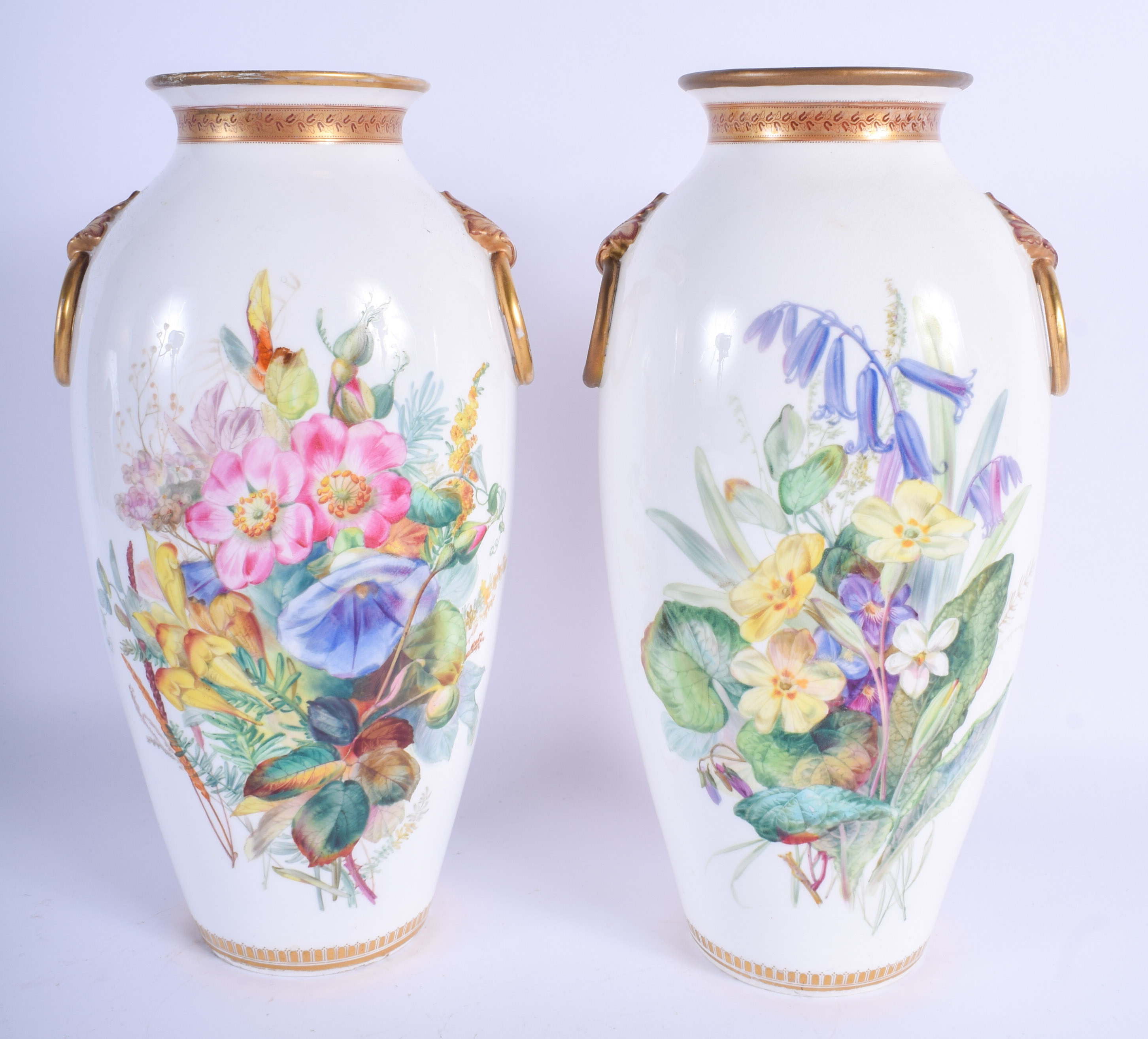 19th c. Royal Worcester/Kerr and Binns beautiful pair of large vases having ring handles finely pain - Image 2 of 15