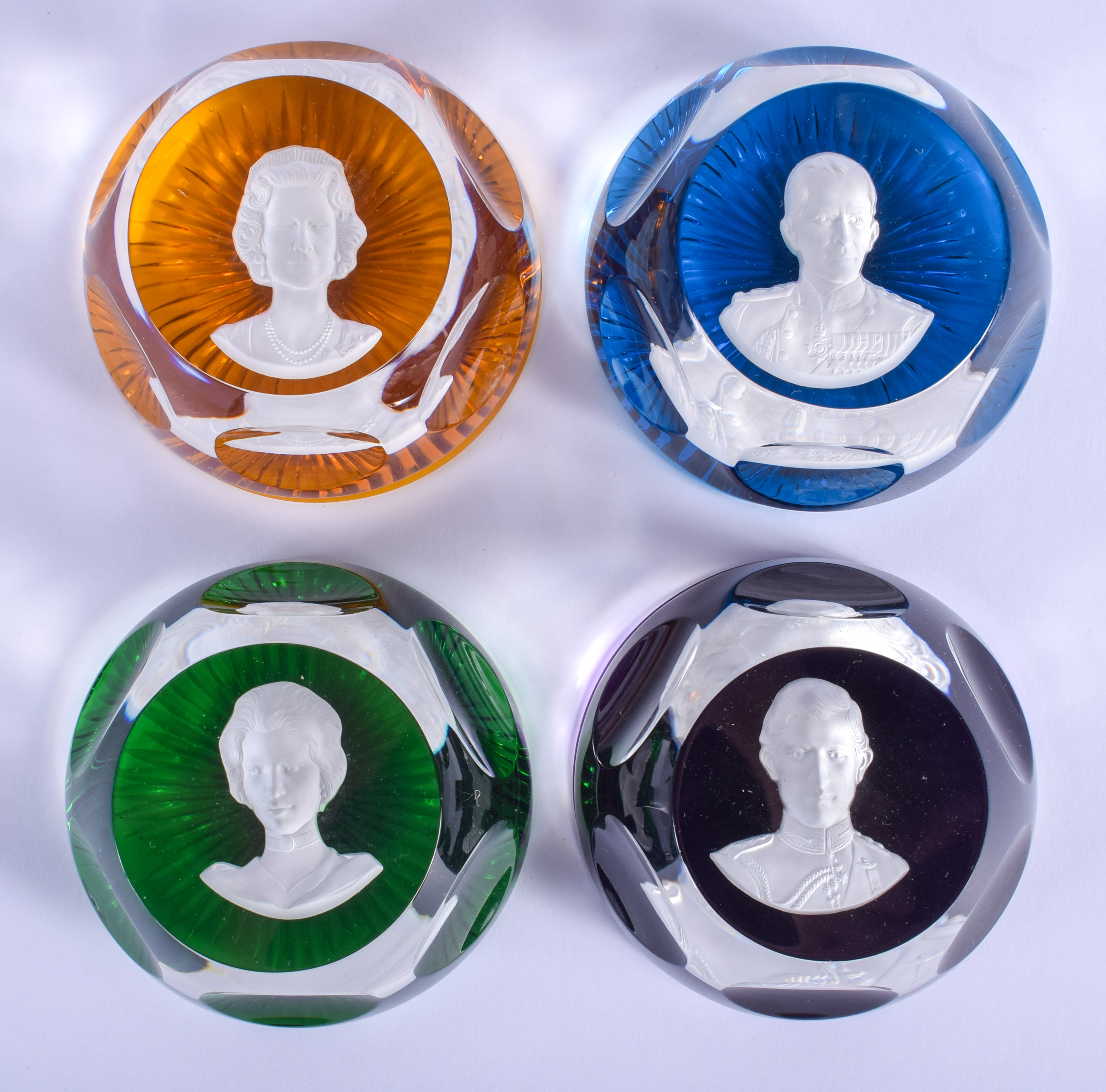 FOUR 1970S FRENCH BACCARAT CRYSTAL SULPHIDE MEDALLION BRITISH ROYAL PAPERWEIGHTS formed in different