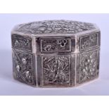 A 19TH CENTURY CHINESE EXPORT OCTAGONAL SILVER BOX AND COVER decorated with foliage. 78 grams. 5.5 c