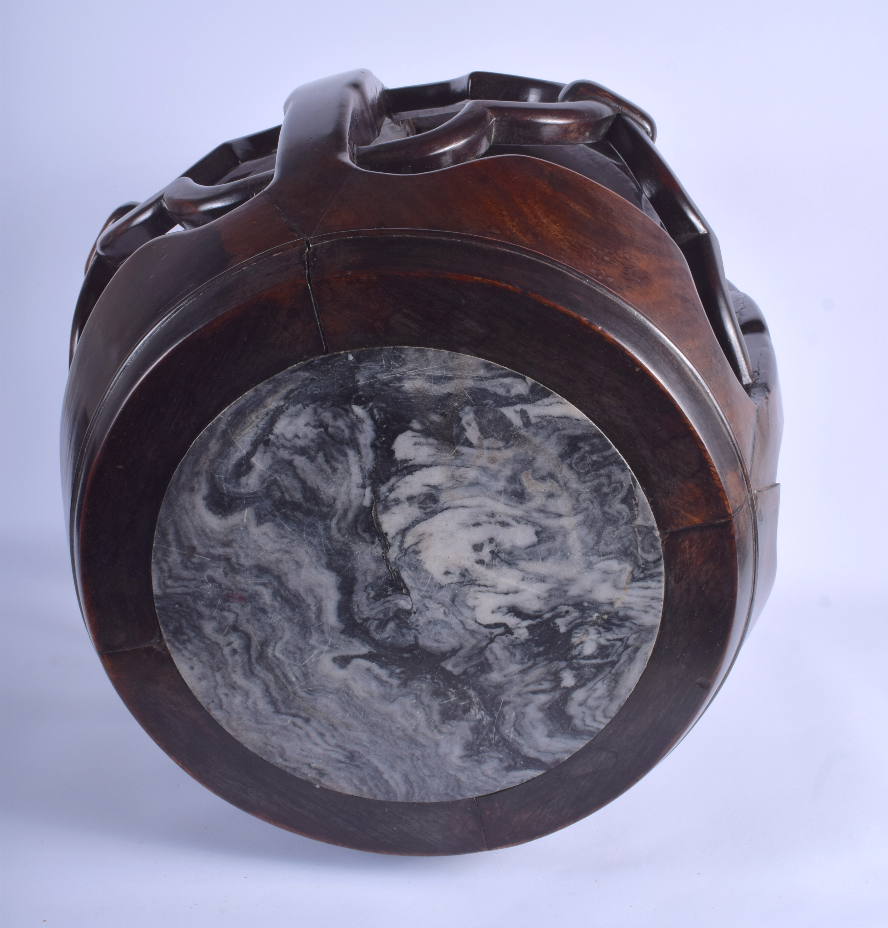 A 19TH CENTURY CHINESE CARVED HONGMU GREY MARBLE INSET BARREL STAND of plain form. 52 cm x 37 cm. - Image 3 of 3