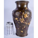 A 19TH CENTURY JAPANESE MEIJI PERIOD BRONZE GOLD ONLAID VASE decorated with birds amongst foliage. 3