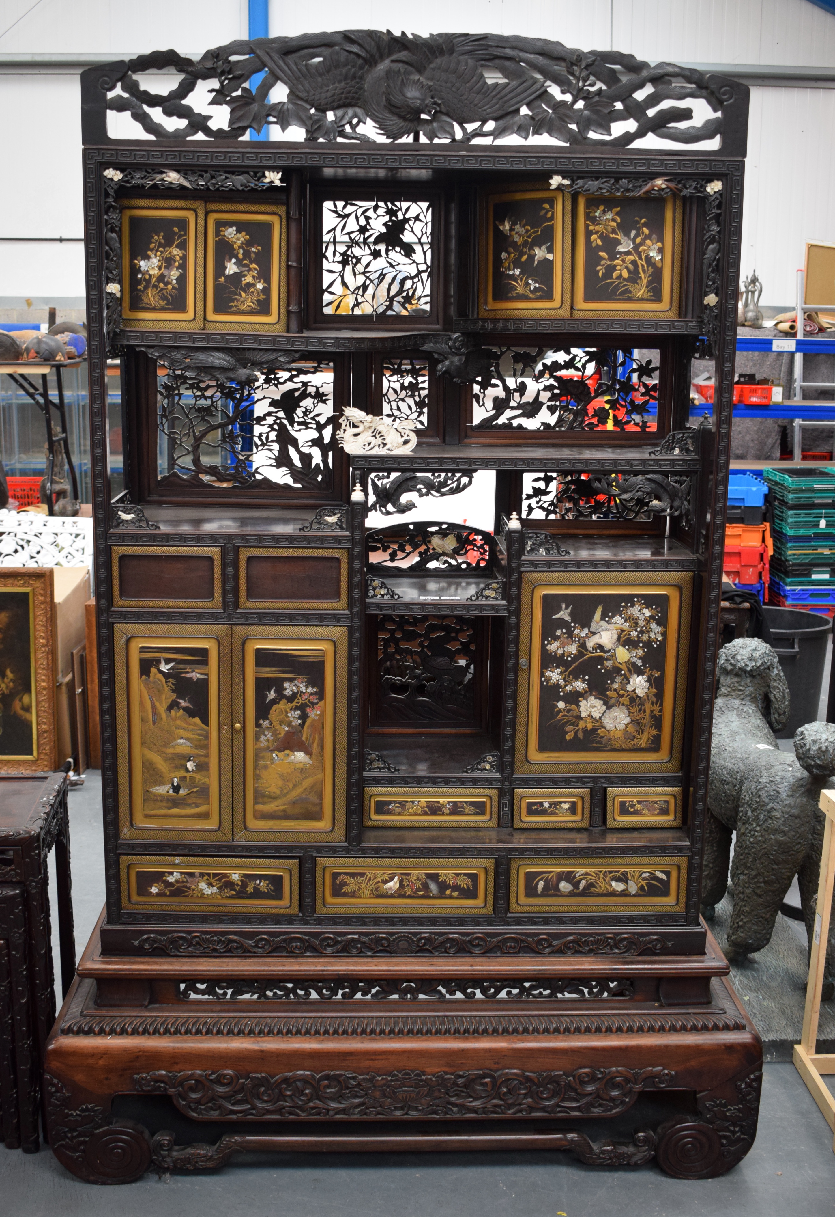 A VERY LARGE 19TH CENTURY JAPANESE MEIJI PERIOD SHIBAYAMA LACQUER AND IVORY DISPLAY CABINET decorate