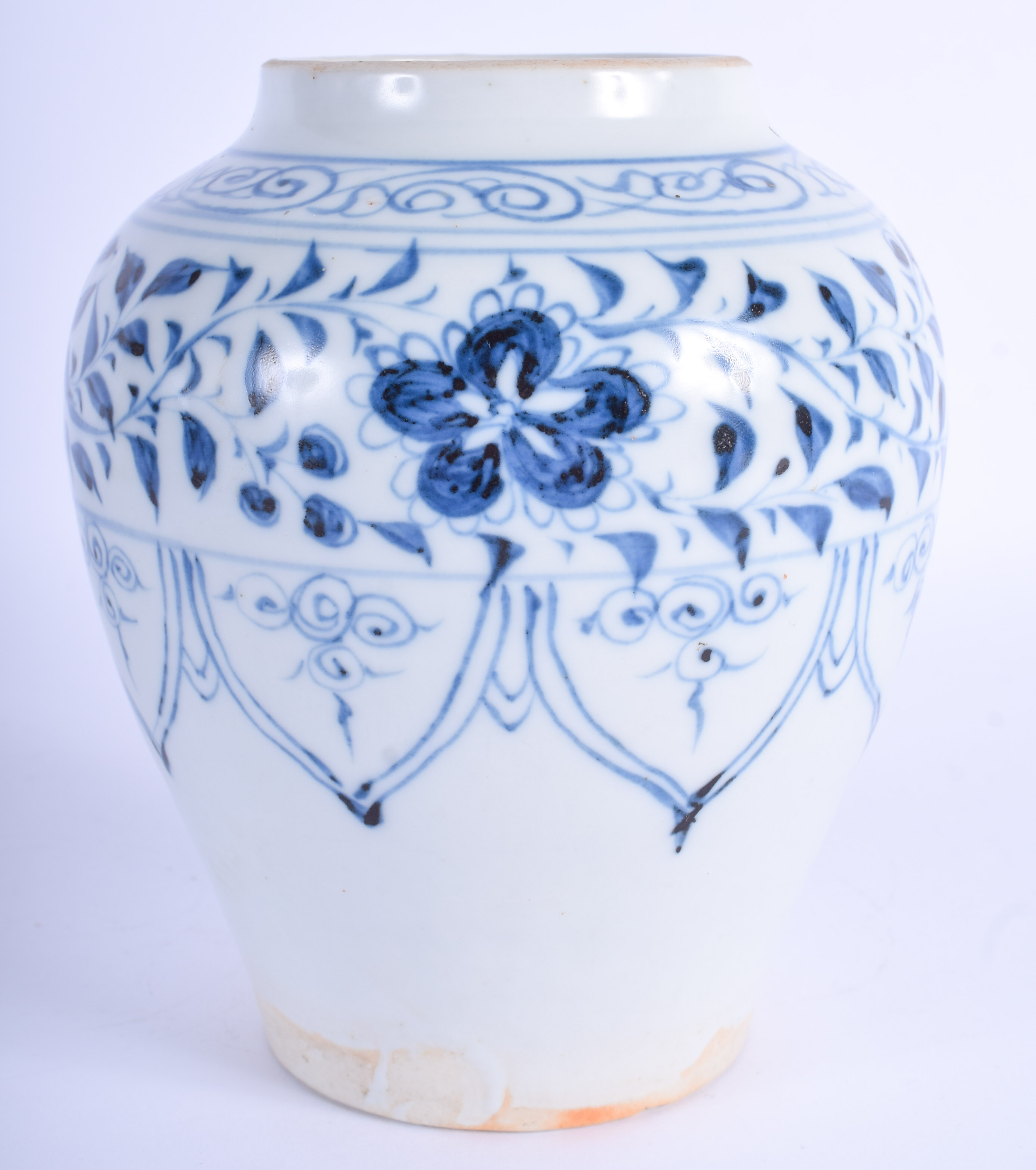 A VERY RARE EARLY CHINESE BLUE AND WHITE PORCELAIN JAR possibly Yuan Dynasty (1279-1368), painted wi