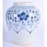 A VERY RARE EARLY CHINESE BLUE AND WHITE PORCELAIN JAR possibly Yuan Dynasty (1279-1368), painted wi