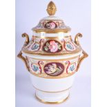 19th c. English porcelain sorbet cooler, in four parts, pail, liner, and two covers painted with ban
