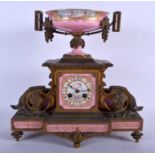 A LARGE 19TH CENTURY FRENCH SEVRES PORCELAIN AND BRONZE MANTEL CLOCK painted with putti and scrolls.
