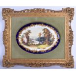 19th c. English Porcelain oval plaque painted with a bridge a house and two boats in gilt cartouche