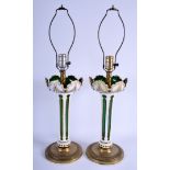 A PAIR OF 19TH CENTURY BOHEMIAN GREEN GLASS VASES converted to lamps. Glass 33 cm high.