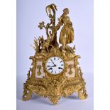 A LARGE 19TH CENTURY FRENCH GILT BRONZE ORMOLU MANTEL CLOCK formed with a figure beside hounds. 45 c