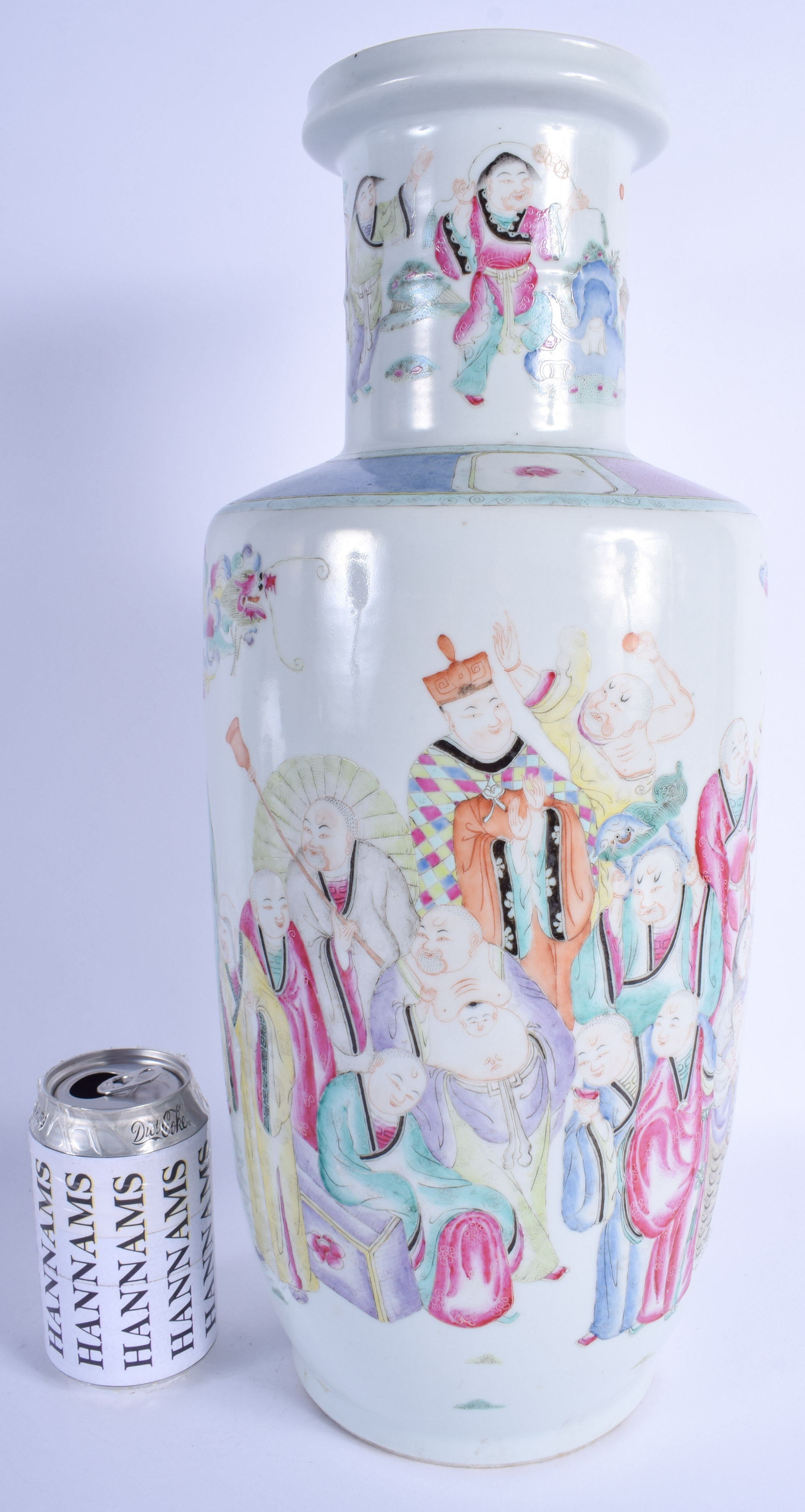 A GOOD 19TH CENTURY CHINESE FAMILLE ROSE ROULEAU VASE Guangxu, Yongzheng style, painted with immorta