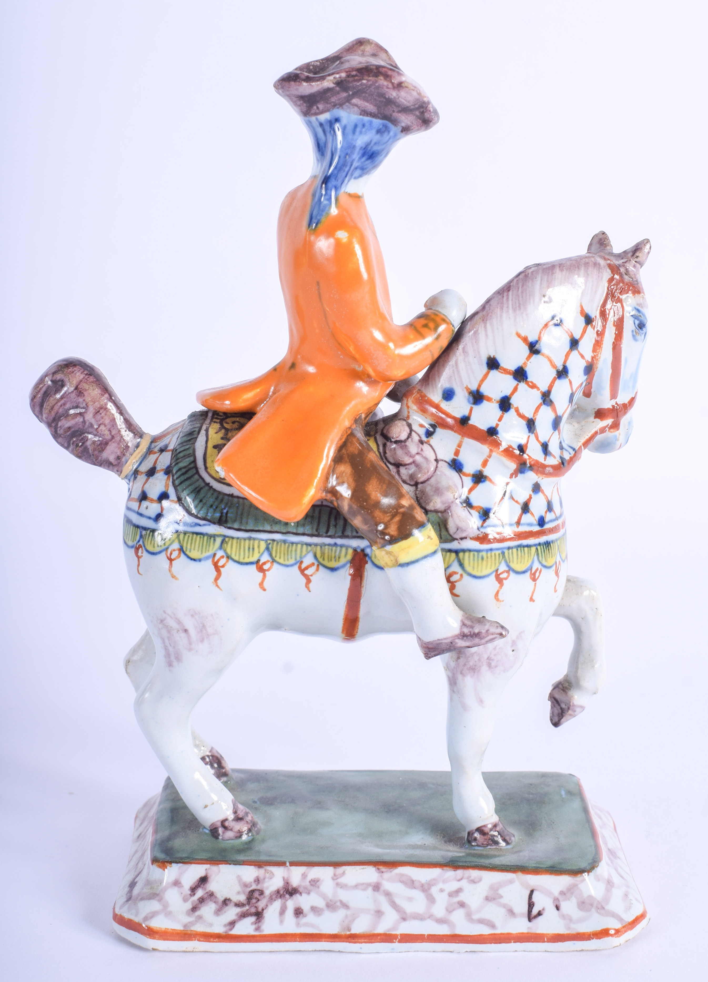 A RARE 18TH/19TH CENTURY DUTCH DELFT FIGURE OF A MALE ON HORSEBACK Vivat Oranje. 11 cm x 16 cm. - Image 2 of 3