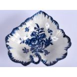 18th c. Liverpool leaf shaped dish with three conical feet printed with flowers under a painted blue