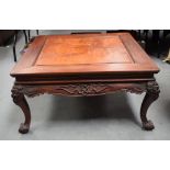 AN EARLY 20TH CENTURY CHINESE HONGMU AND BURR VENEER TABLE Qing/Republic, with mask heads mounts. 82