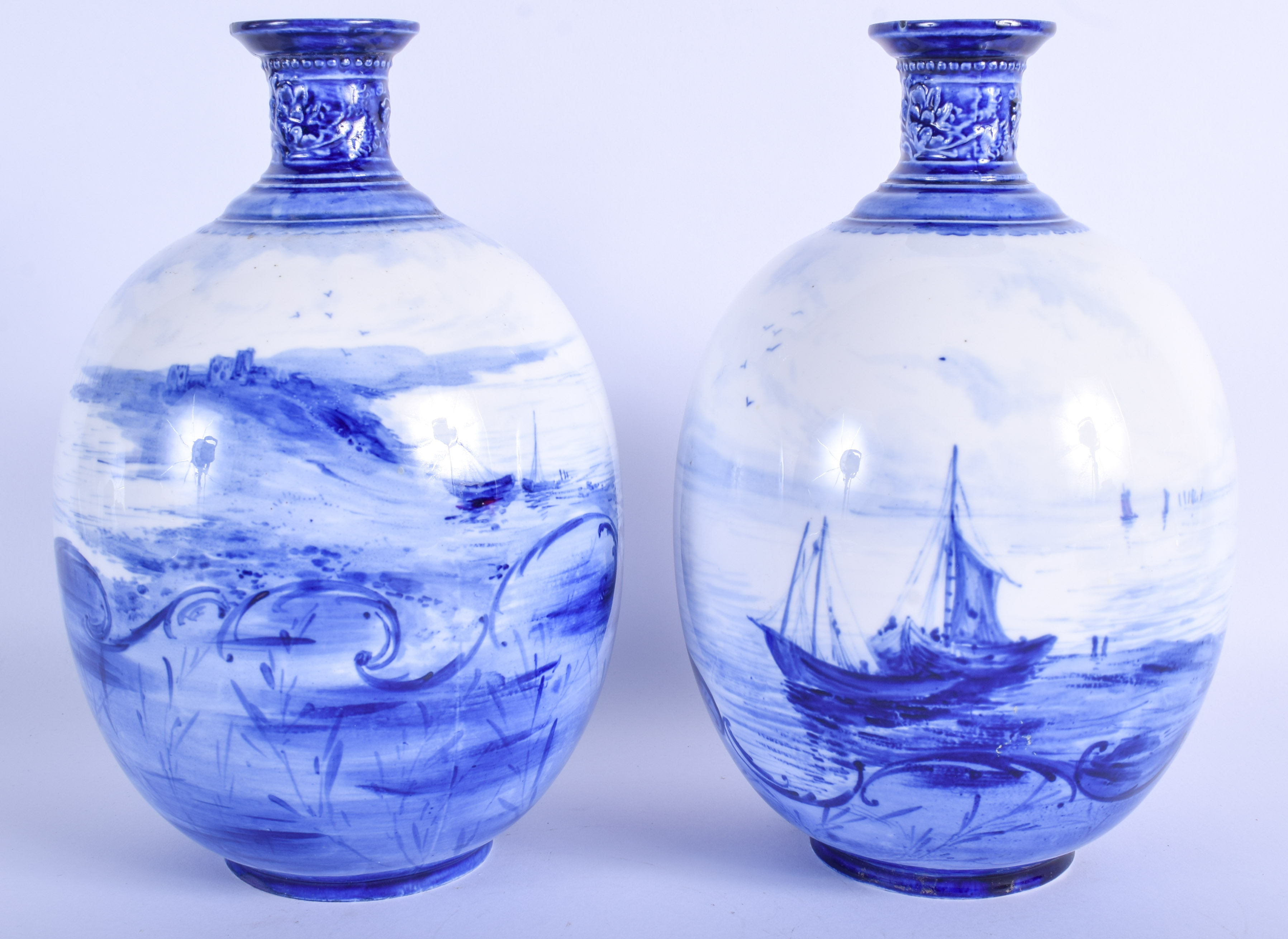 Royal Crown Derby pair of vases painted in blue with seascapes by WEJ Dean date code for 1895. 20.5c