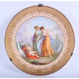 AN ANTIQUE VIENNA PORCELAIN CABINET PLATE painted with semi clad figures within a landscape. 22 cm w