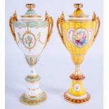 A PAIR OF ROYAL CROWN DERBY TWIN HANDLED VASES AND COVERS one painted by Cuthbert Gresley, modeled u