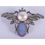 A LARGE DIAMOND SILVER ROSE GOLD PEARL AND OPAL BUG BROOCH. 9 cm x 5.5 cm.