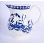 18th c. Liverpool sparrow beak jug printed with in blue Stags in blue. 8.5cm high