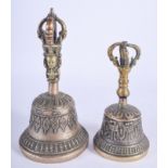 TWO VINTAGE TIBETAN BRASS HAND BELLS. 19 cm & 15 cm high. (2)