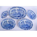 FIVE LARGE ANTIQUE BLUE AND WHITE DISHES. Largest 40 cm x 27 cm. (5)