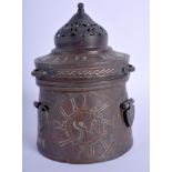A MIDDLE EASTERN SILVER INLAID BRONZE COPPER ALLOY CENSER. 17 cm x 8 cm.