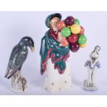 AN ANTIQUE BERLIN FIGURE OF A BIRD together with a doulton figure etc. Largest 23 cm high. (3)