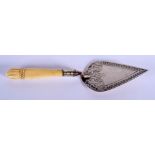 A VICTORIAN SILVER AND IVORY TROWEL. 15.5 cm long.