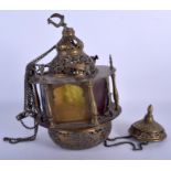 A RARE 19TH CENTURY MIDDLE EASTERN ISLAMIC QAJAR GLASS AND BRASS LANTERN decorated with birds. 30 cm