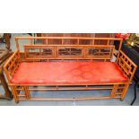AN EARLY 20TH CENTURY CHINESE STYLISED HARDWOOD BENCH. 167 cm x 84 cm.