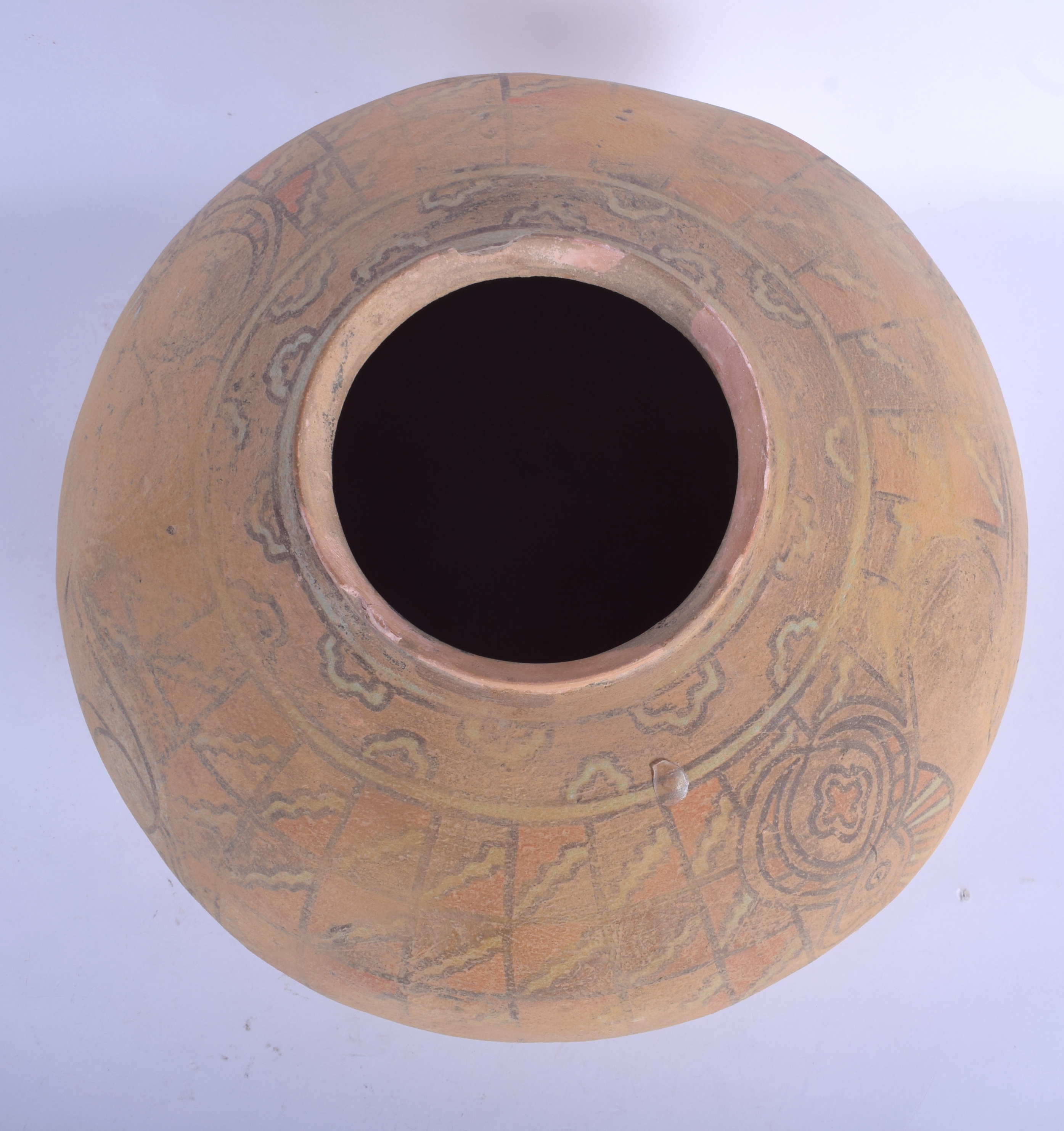 A LARGE INDUS VALLEY CARVED TERRACOTTA POTTERY VASE painted with motifs. 26 cm x 24 cm. - Image 2 of 3