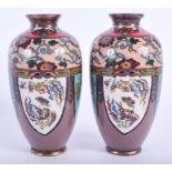 A PAIR OF 19TH CENTURY JAPANESE MEIJI PERIOD CLOISONNE ENAMEL VASES decorated with dragons. 13.5 cm