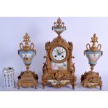 A 19TH CENTURY FRENCH GILT METAL AND PORCELAIN CLOCK GARNITURE painted with figures. Mantel 40 cm x