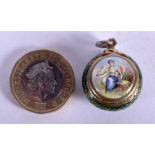 A RARE 19TH CENTURY SWISS ENAMEL MINIATURE VINIAGRETTE painted with figures. 1.5 cm wide.