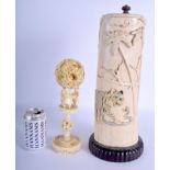 A 19TH CENTURY CHINESE CANTON IVORY PUZZLE BALL ON STAND together with a Meiji/Taisho period vase an