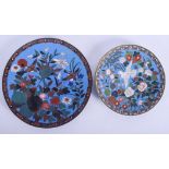 A LARGE 19TH CENTURY JAPANESE MEIJI PERIOD CLOISONNE ENAMEL DISH and another. 30 cm & 23 cm wide. (2