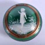 A VICTORIAN MARY GREGORY GREEN GLASS BOX. 5.5 cm wide.