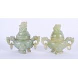 A PAIR OF EARLY 20TH CENTURY CHINESE TWIN HANDLED JADE CENSERS AND COVERS. 8 cm x 8 cm.