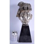 A RARE LARGE SOUTH AMERICAN SILVER ON COPPER AZTEC MAYAN KING PAKAL SCULPTURE upon a black lacquered